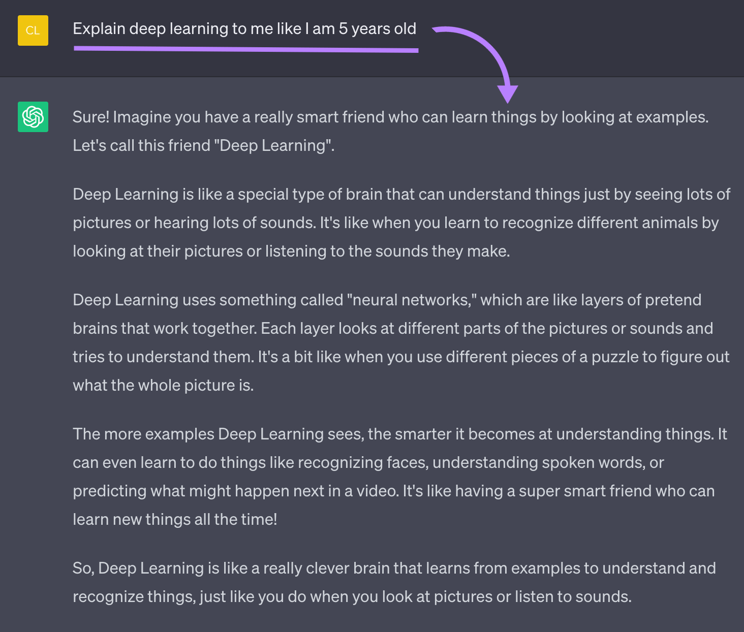 ChatGPT's response to “Explain deep learning to me like I am 5 years old” prompt