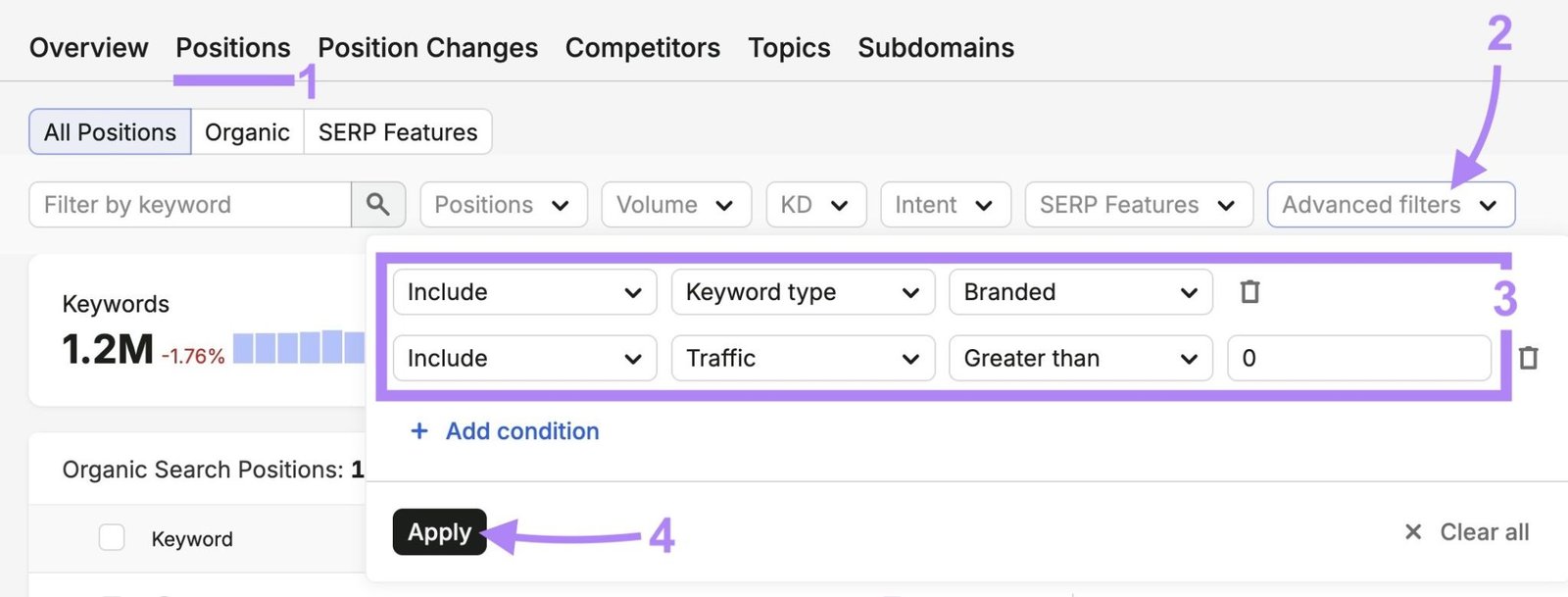 Applying advanced filters to show only branded keywords generating traffic on the "Positions" tab of the Organic Rankings tool.