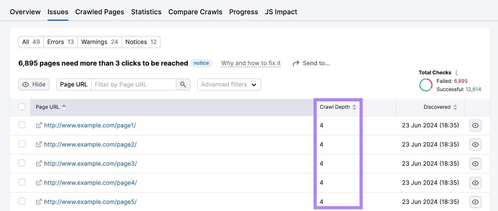 A list of pages that need more than three clicks to be reached on Site Audit Issues