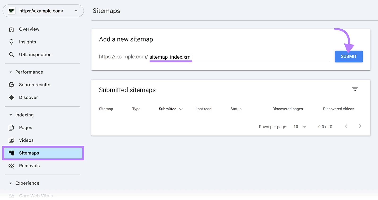 Google Search Console Sitemaps page with sitemap_index.xml submission field highlighted