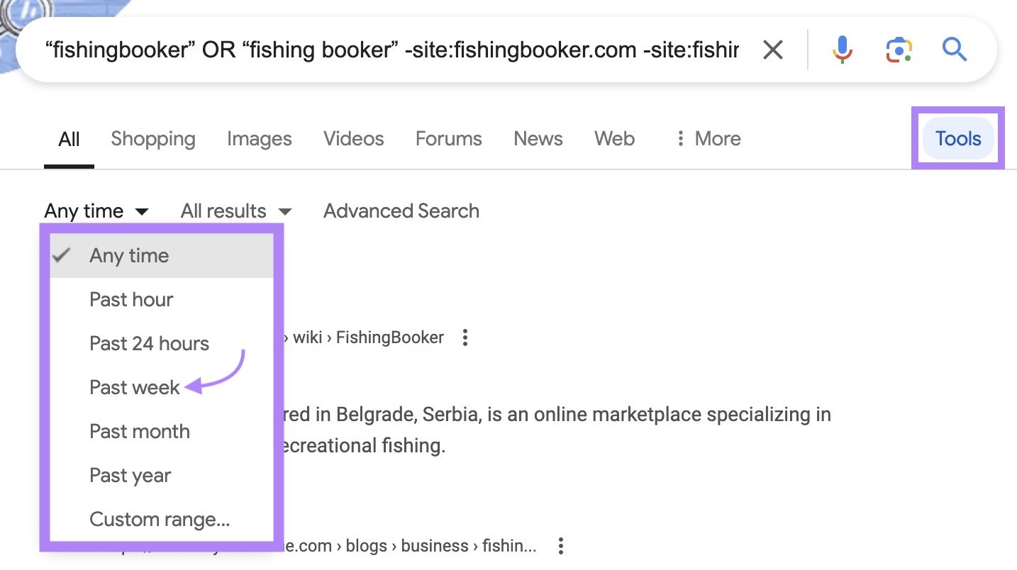 “Tools” at the top of the search results highlighted, as well as the time frame filter drop-down with an arrow pointing toward "Past week."