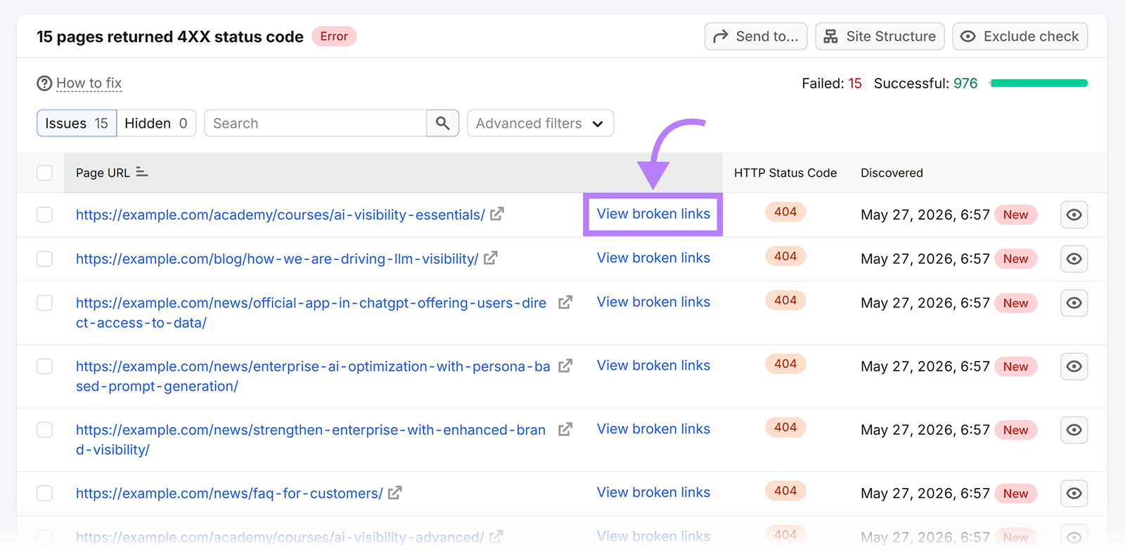 "View broken links" highlighted