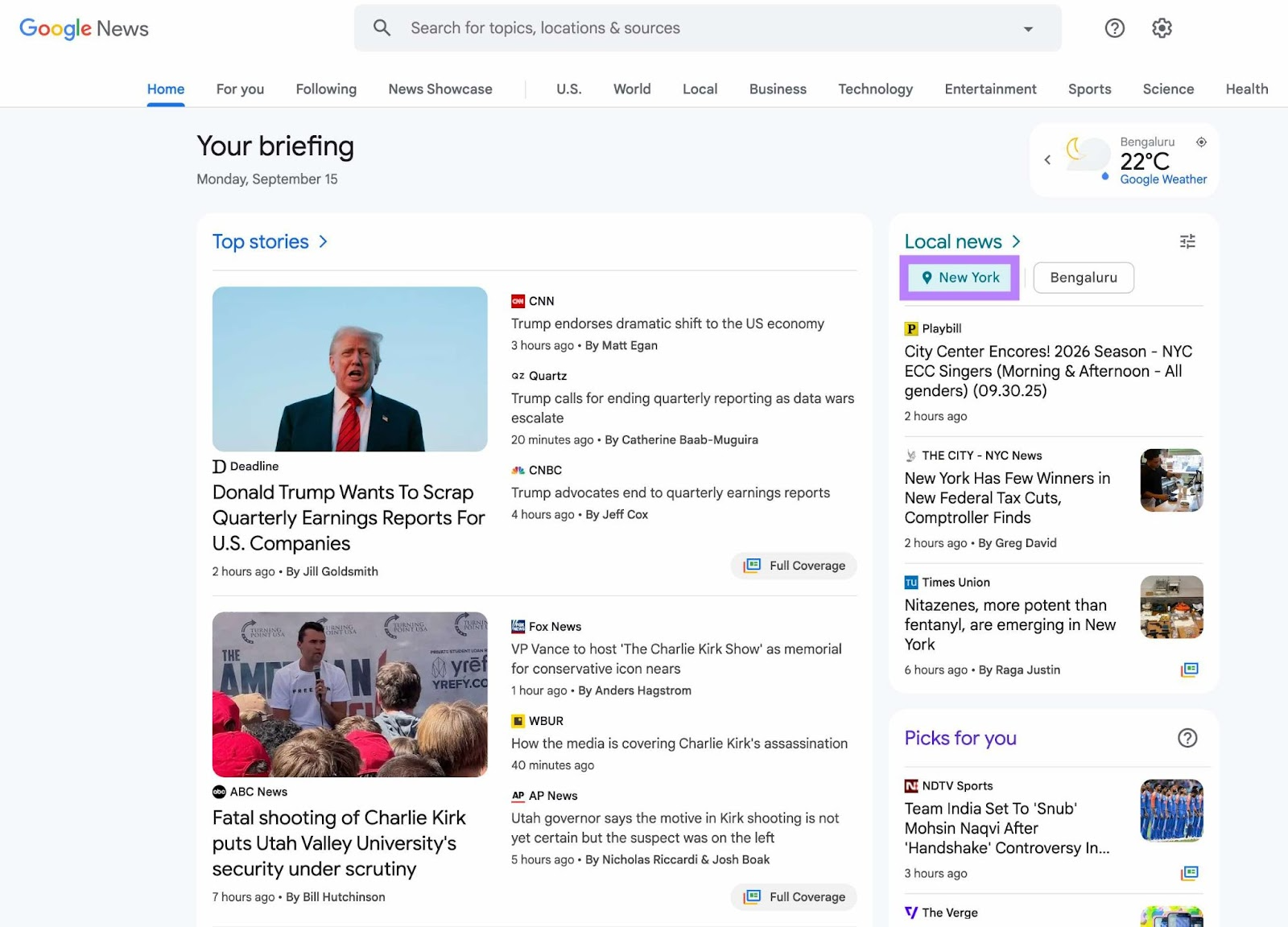 Google News page showing "Top stories" along with "Local news" for a user in the New York area.
