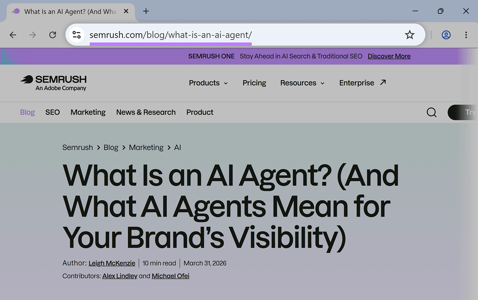 Semrush blog article page titled “What Is an AI Agent?” with URL highlighted