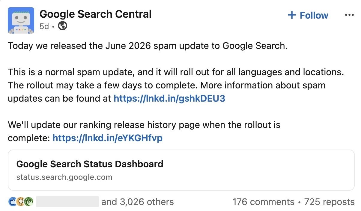 LinkedIn post by Google Search Central about the release of the June 2026 spam update.