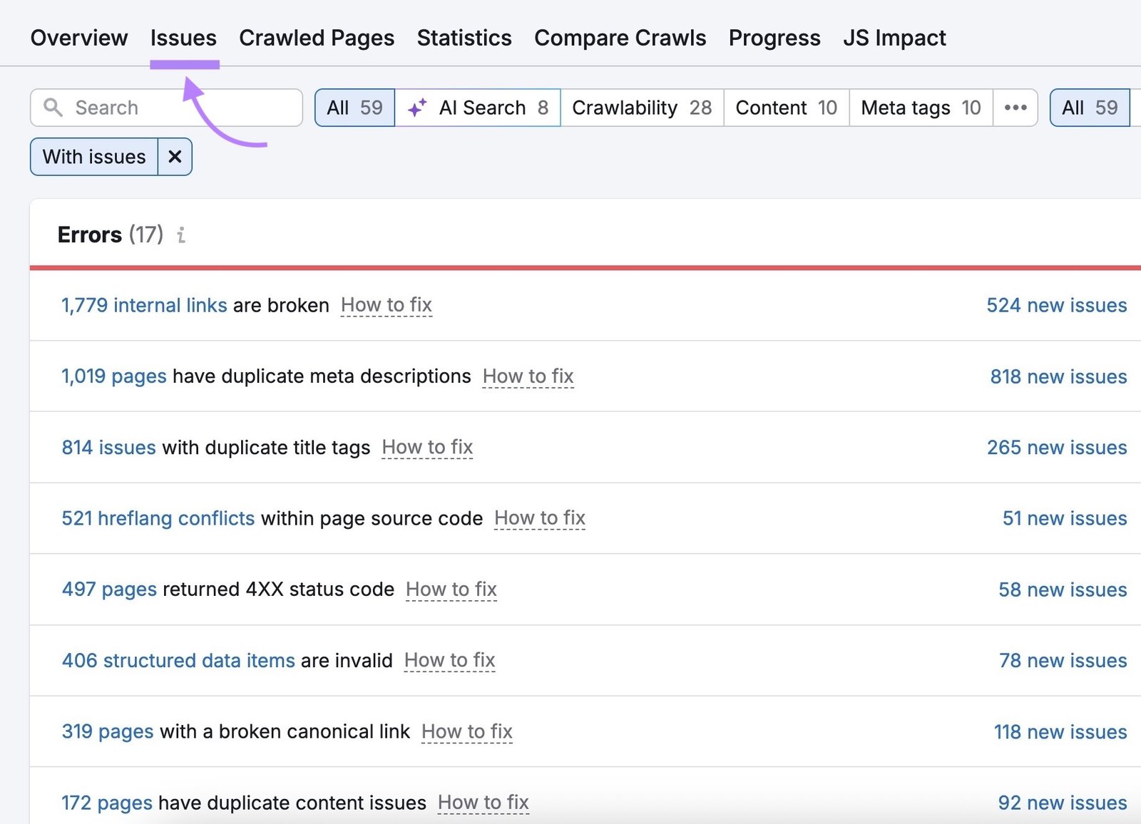 The "Issues" tab on Site Audit showing a list of site errors.