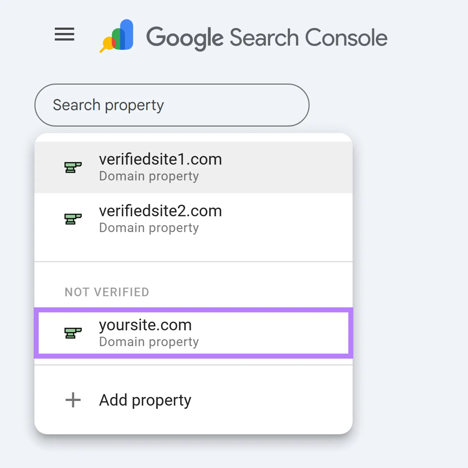 Google Search Console property list showing yoursite.com under the Not Verified section