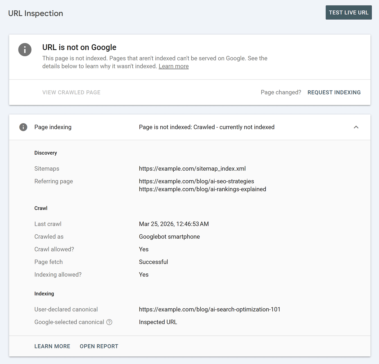 Google Search Console URL Inspection report showing page is crawled but not indexed