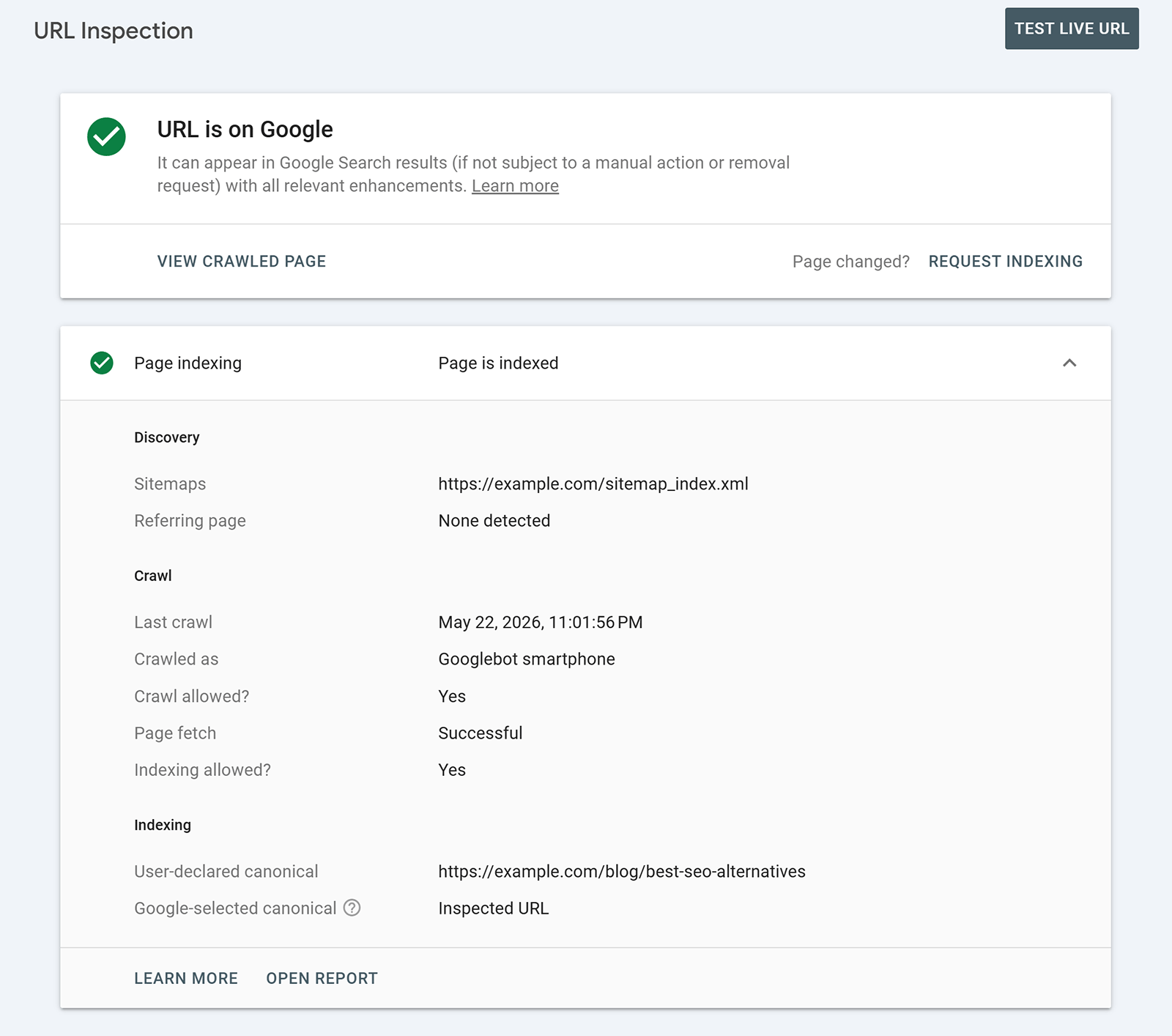 Google Search Console URL Inspection report showing page is indexed and on Google