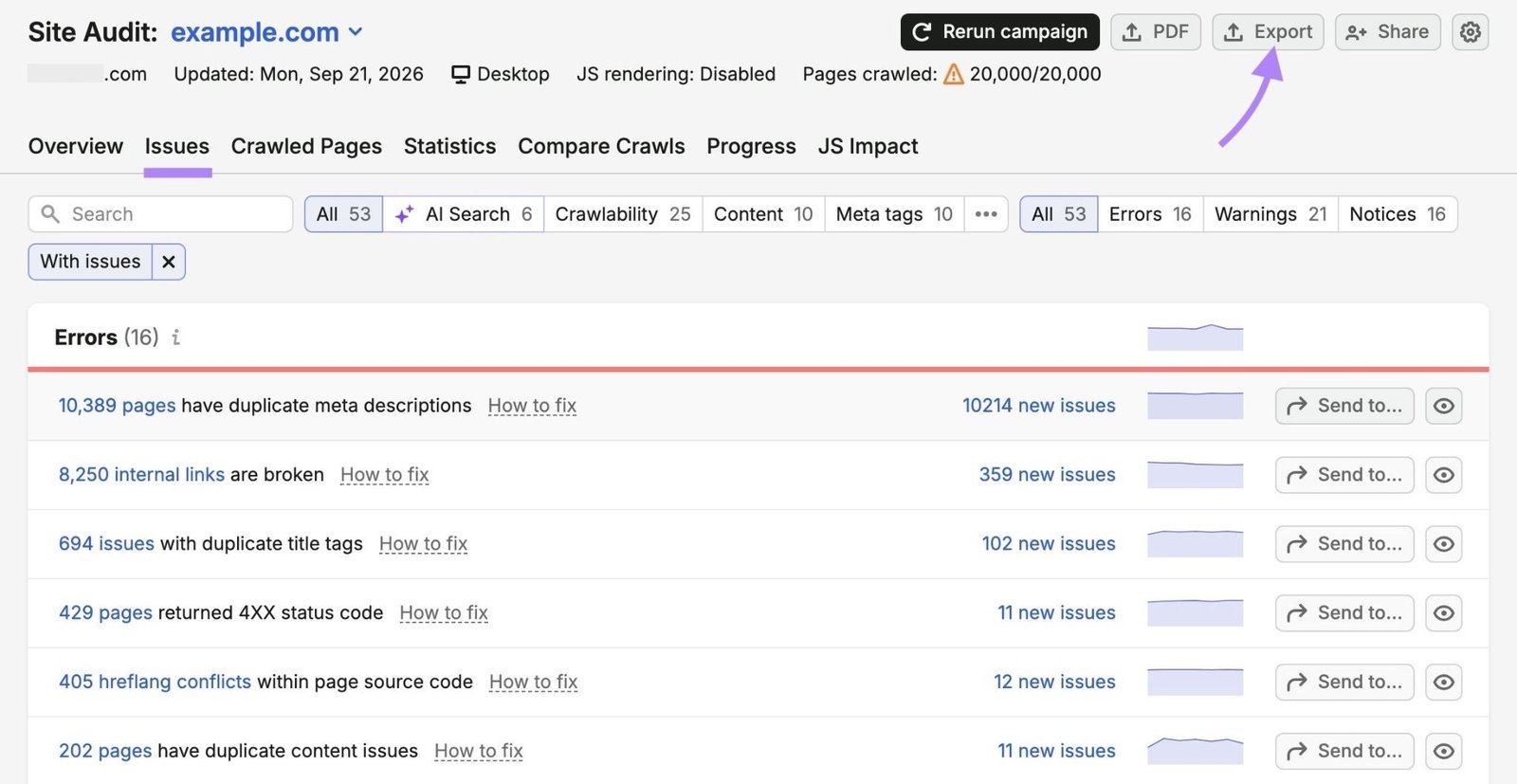 The "Issues" tab on Site Audit with the "Export" button highlighted.