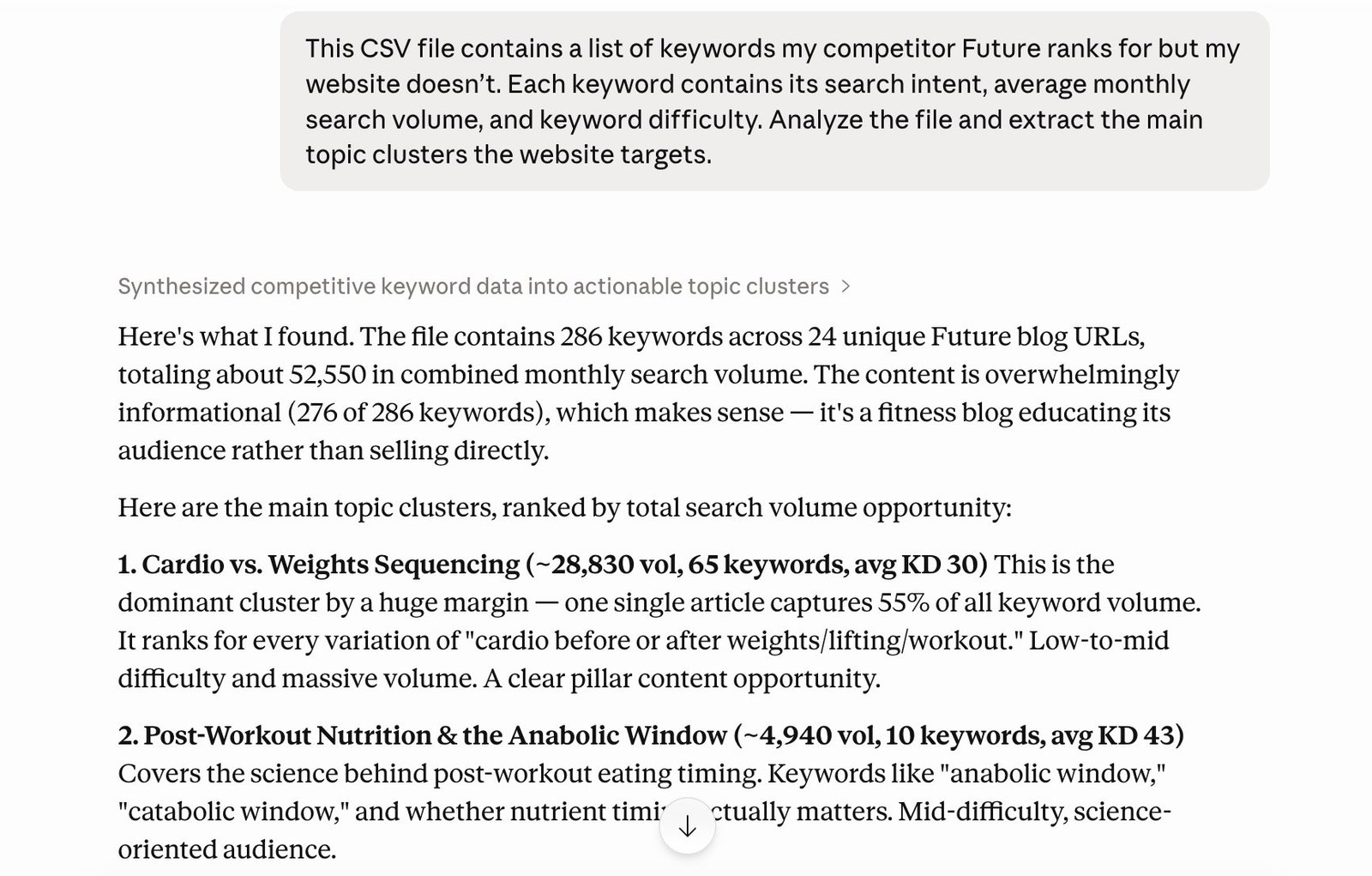 ChatGPT extracting the main topic clusters ranked by search volume opportunity from a CSV file.