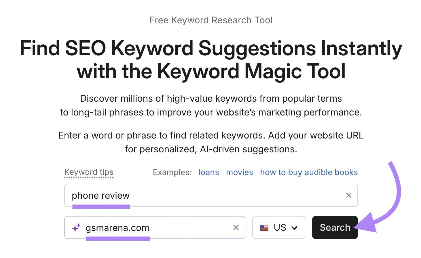 Keyword Magic Tool with "phone review" entered as the term, "gsmarena.com" as the domain, and "Search" clicked.