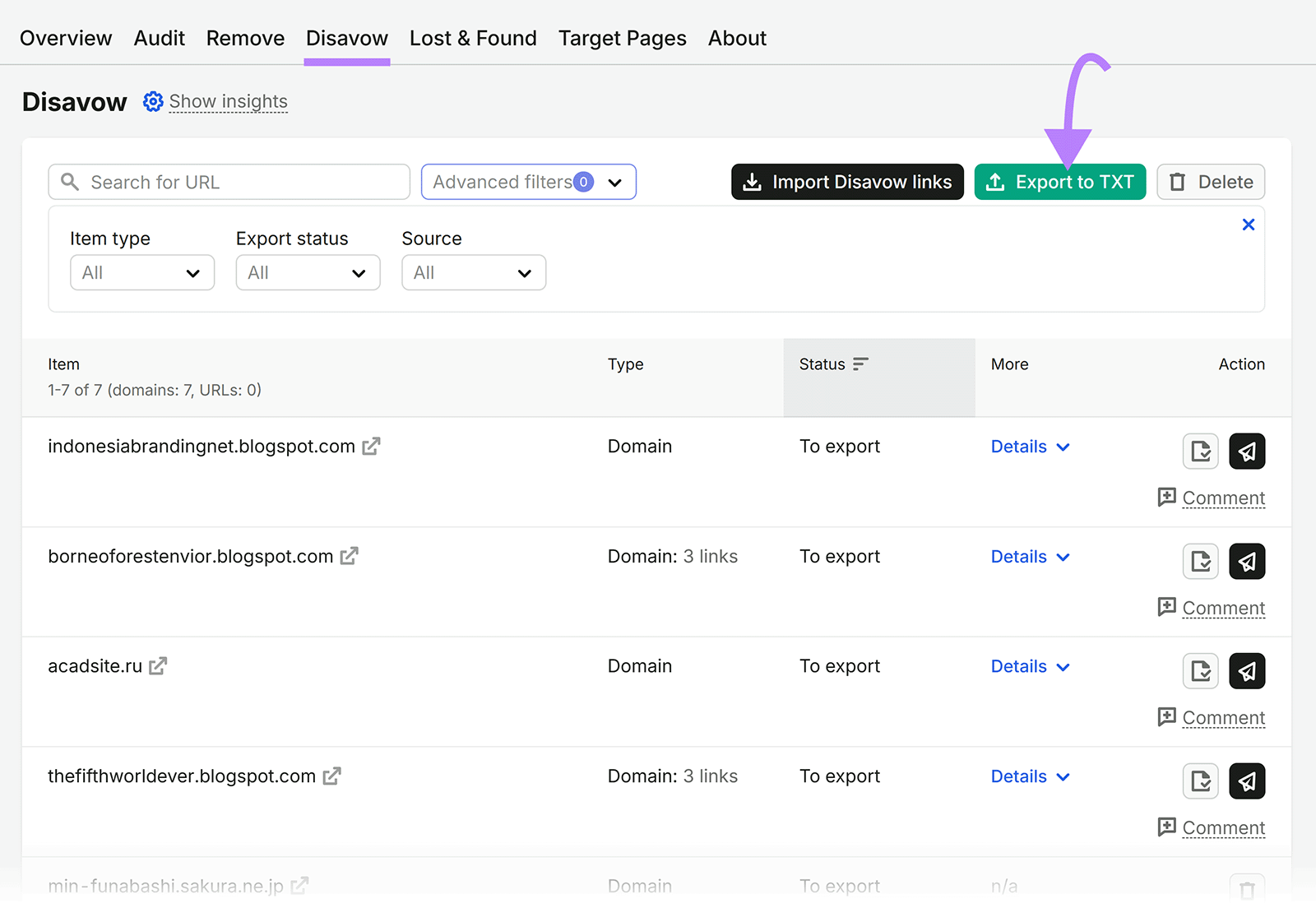 Disavow report listing domains marked for disavowal with the Export to TXT button highlighted