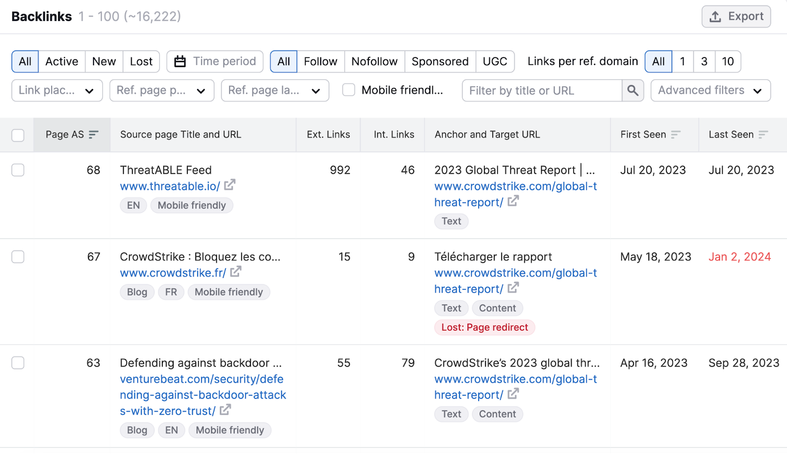 "Backlinks" tab in the Backlinks tool