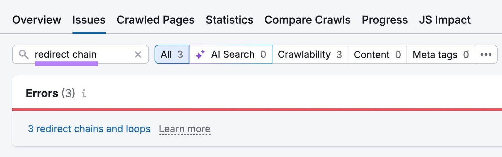 3 redirect chains and loops error shown in Site Audit tool