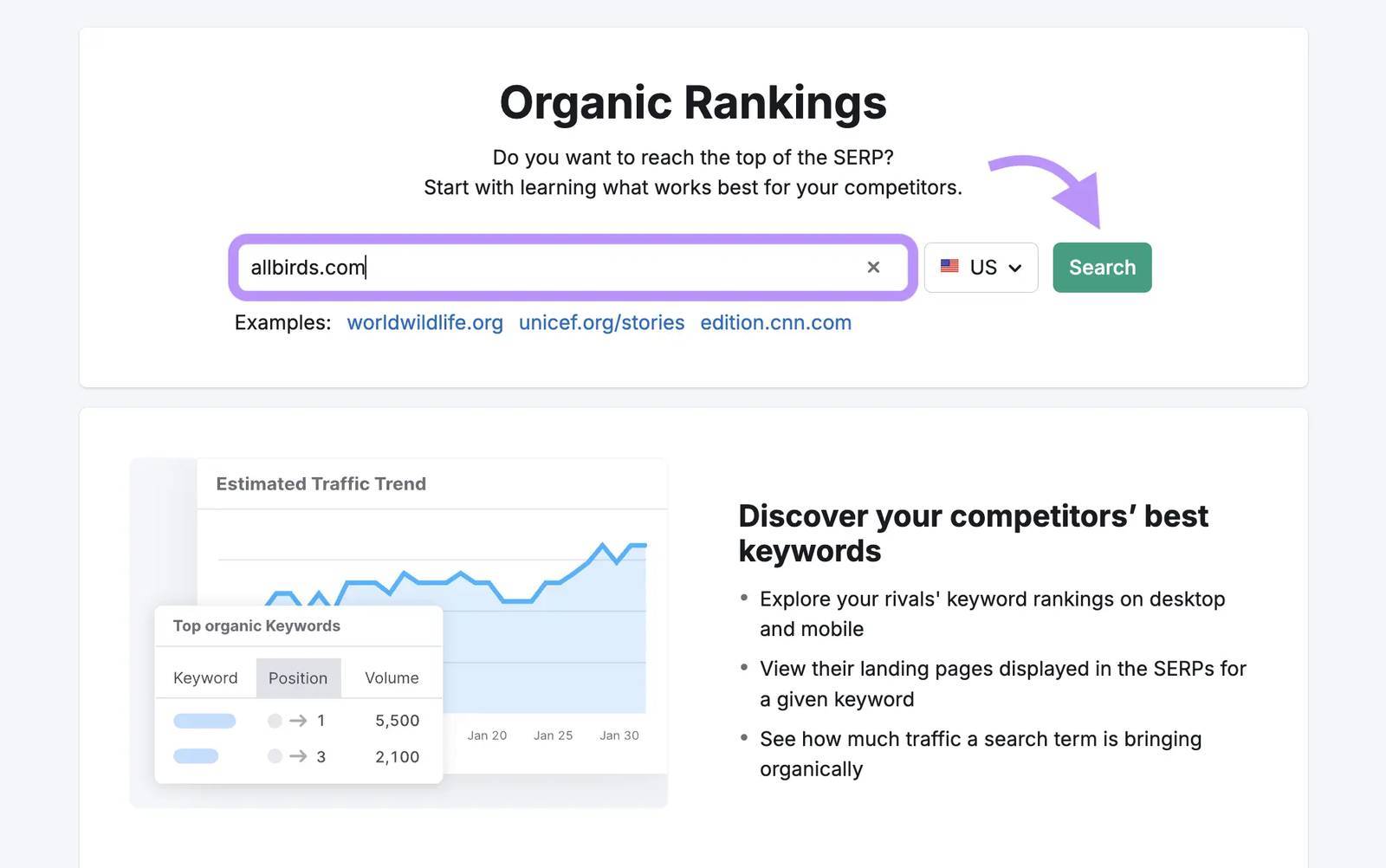 Organic Rankings tool start with "allbirds.com" entered as the domain and "Search" clicked.