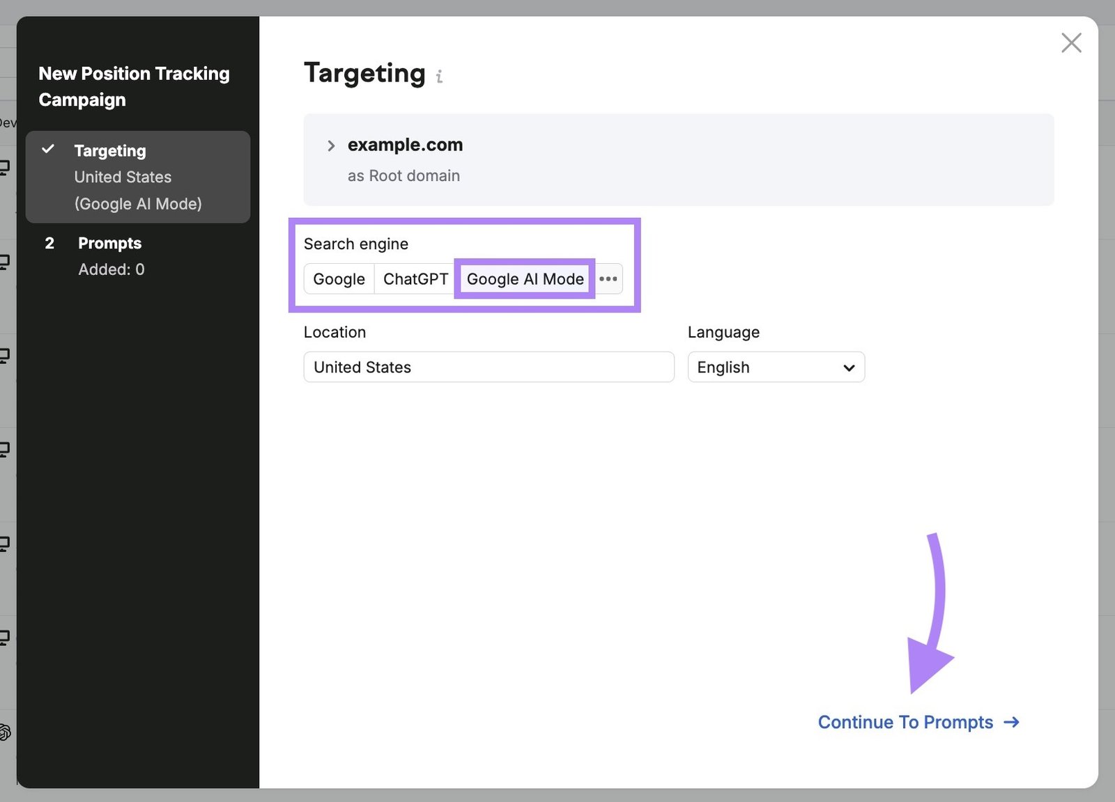Position Tracking targeting settings with "Google AI Mode' selected as the search engine and "Continue to Prompts" clicked.