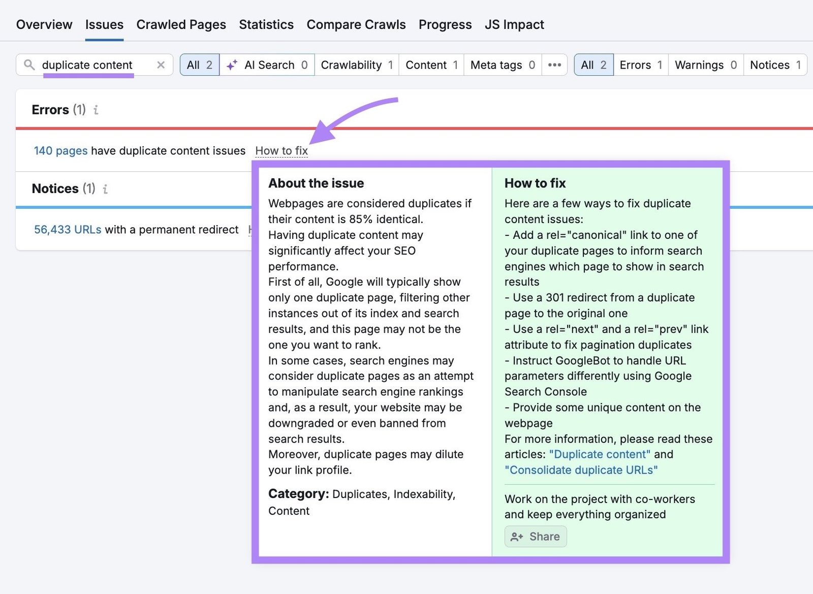 Site Audit tool showing a duplicate content issue with the “Why and how to fix it” panel open.