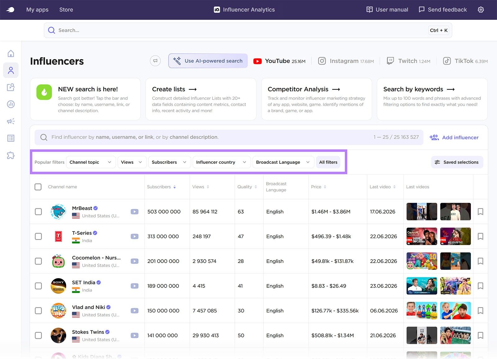 Semrush Influencer Analytics app dashboard with influencer search filters highlighted