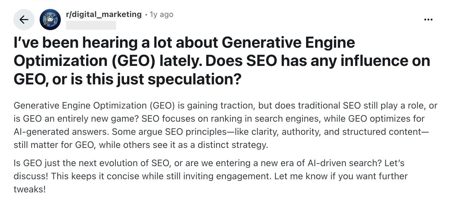 A Reddit post on the r/digital marketing asking about the influence of SEO on GEO.