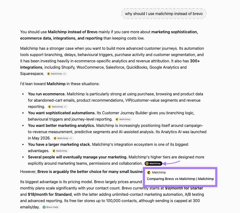 Mailchimp's Brevo comparison page cited as a source for the prompt "why should i use mailchimp instead of brevo" on ChatGPT.