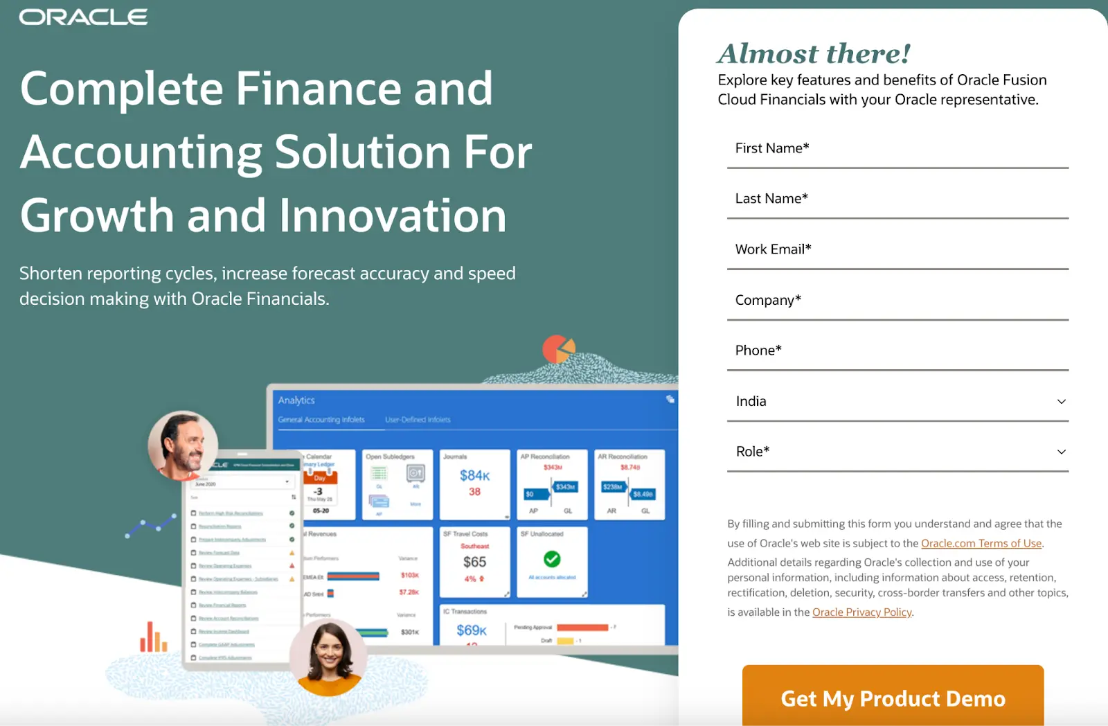 Oracle landing page with headline on finance solutions and form to request product demo