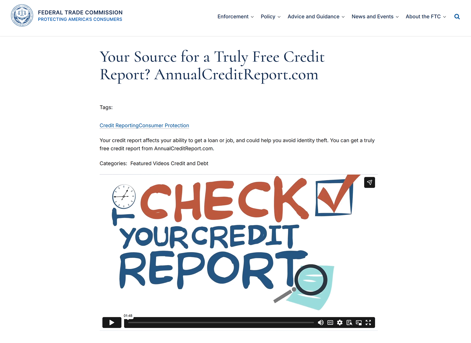 FTC page recommending AnnualCreditReport.com as a source for free credit reports