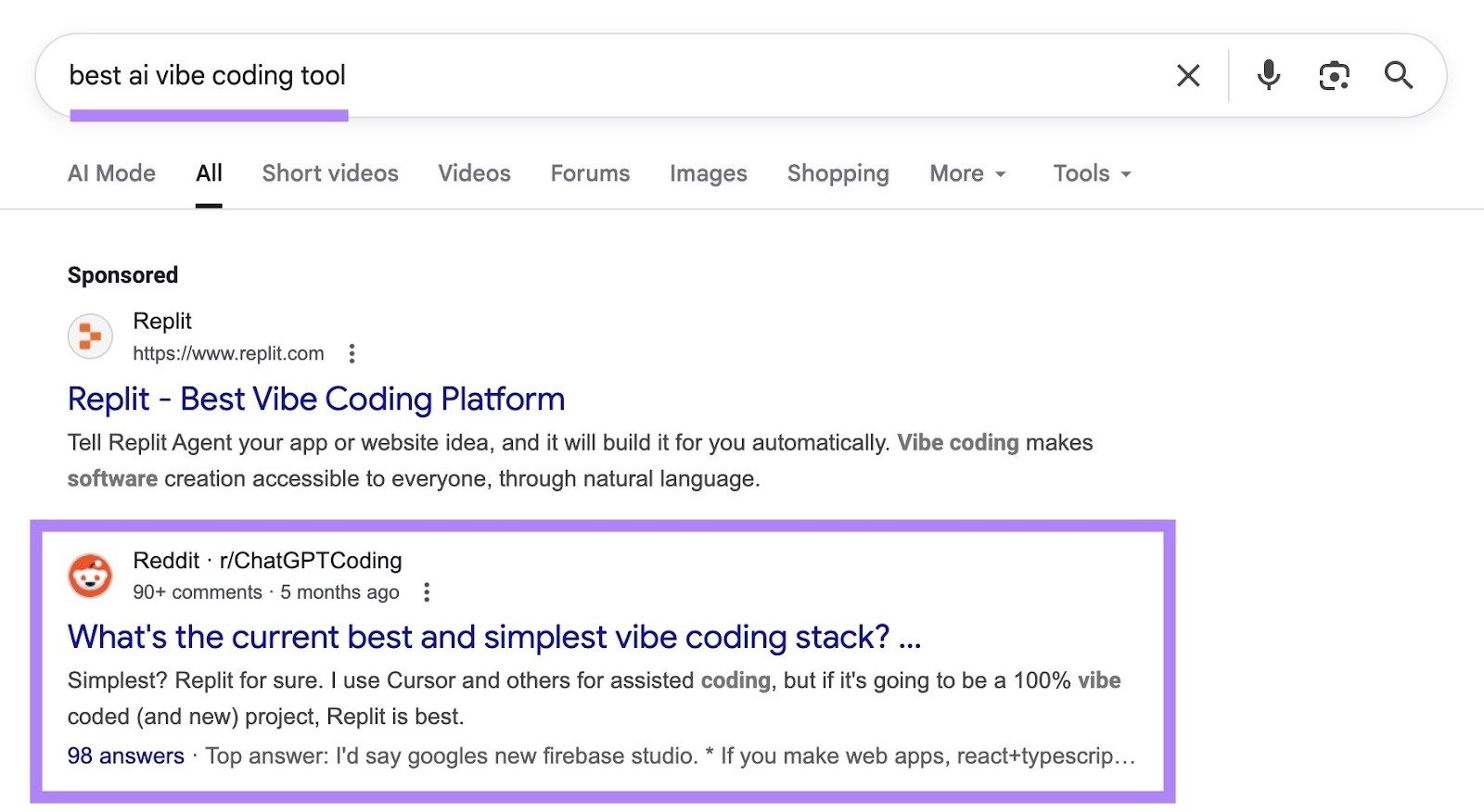 Google SERP for the term "best ai vibe coding tool" with a Reddit thread appearing as the top organic result.