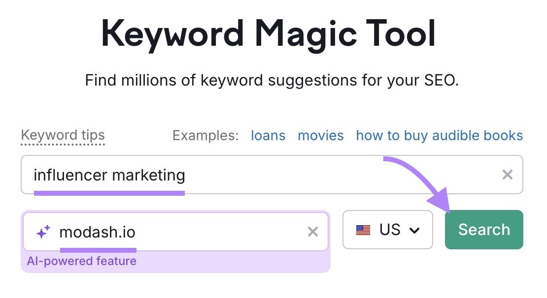 Keyword Magic Tool start with "influencer marketing" entered as the term, "modash.io" as the domain, and "Search" clicked.