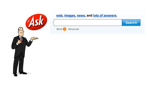 Screenshot of Ask Jeeves, which was a very popular, early search engine created in 1996. A friendly butler encouraged you to ask a question in the search bar, rather than stumble through a directory to find what you were looking for, giving users a more personalized experience.