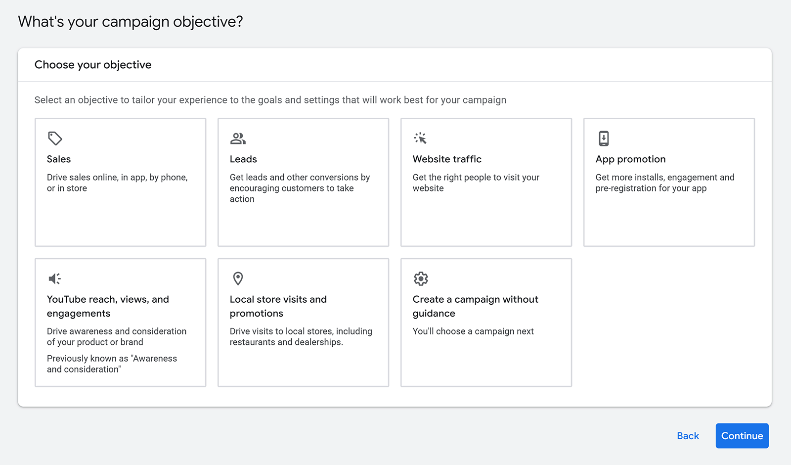 Google Ads campaign setup screen showing campaign objective options like sales, leads, and website traffic