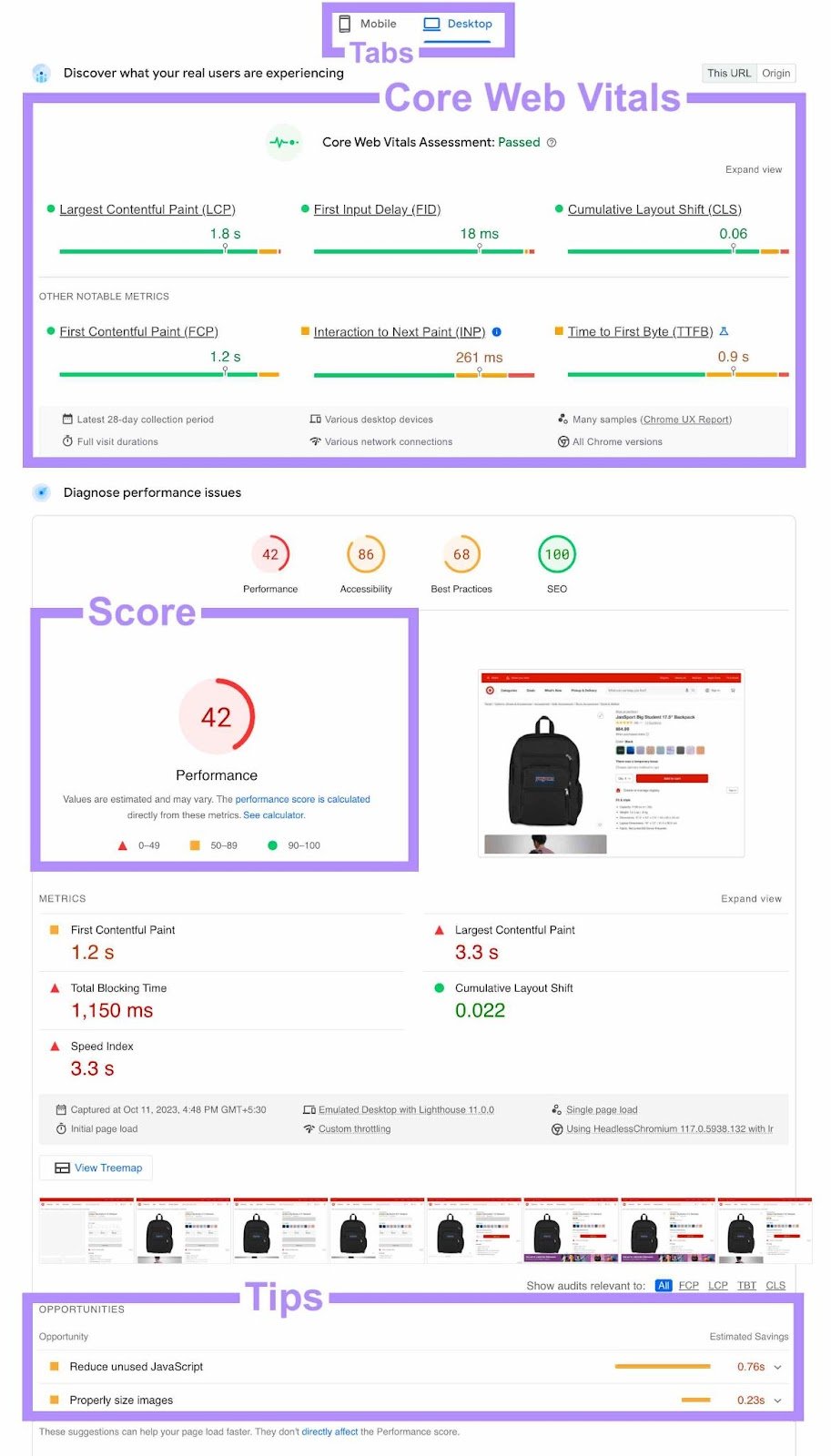 PageSpeed Insights report dashboard