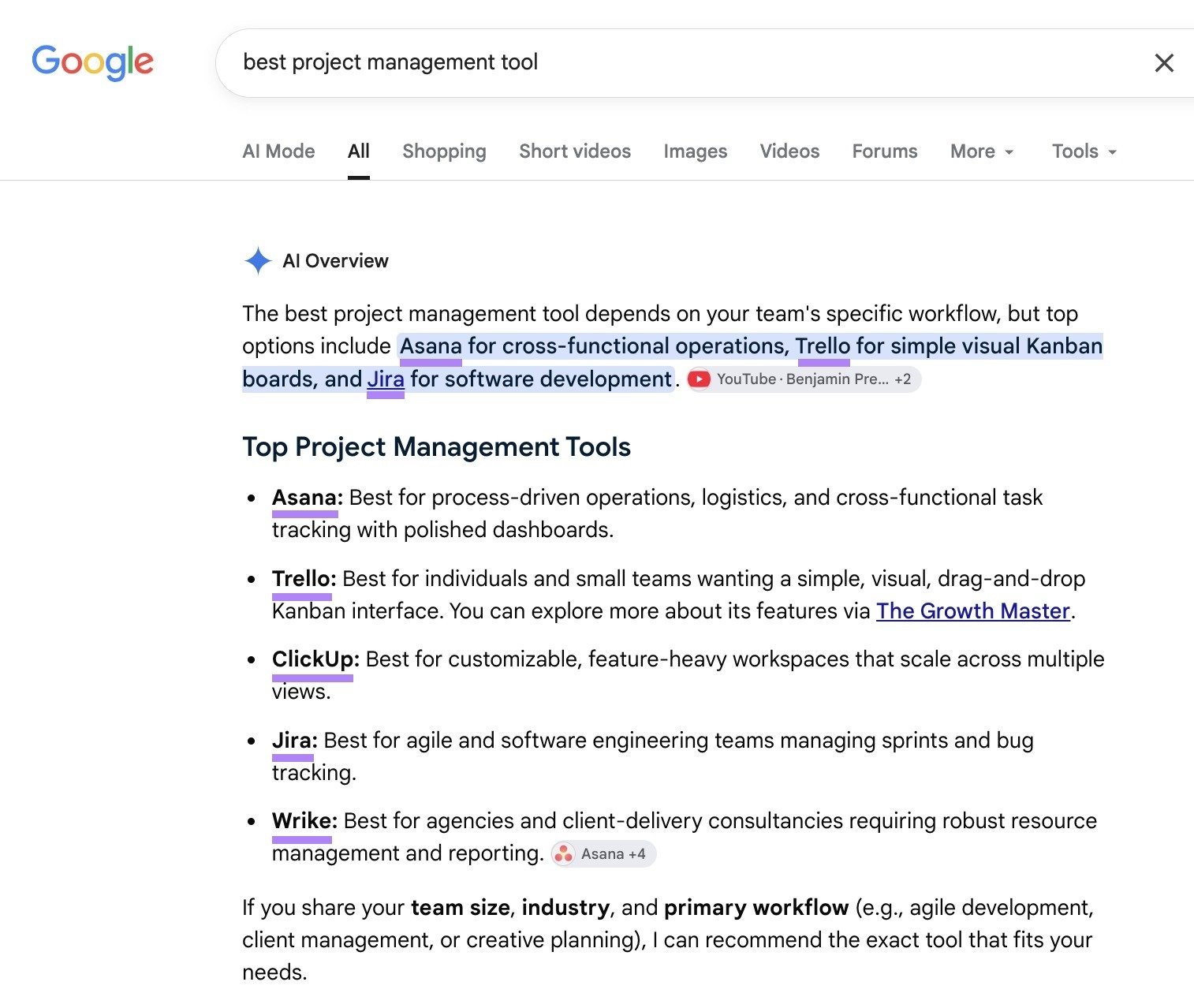 Google SERP for the term "best project management tool" with the brand mentions in the AI Overview highlighted.