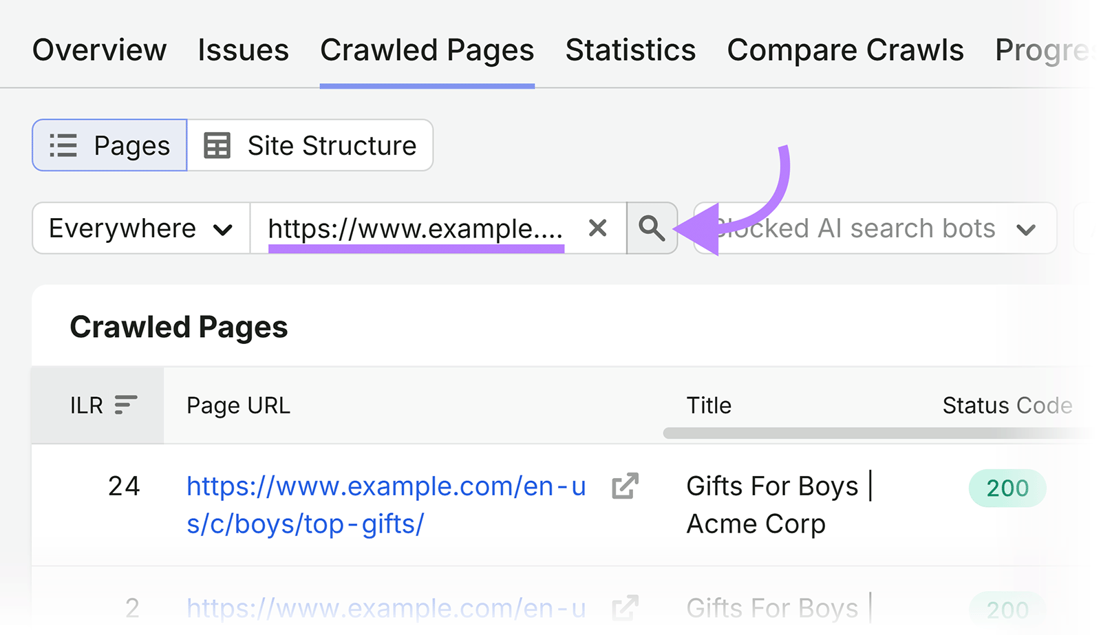 Semrush Crawled Pages report showing the search field used to find a specific page URL