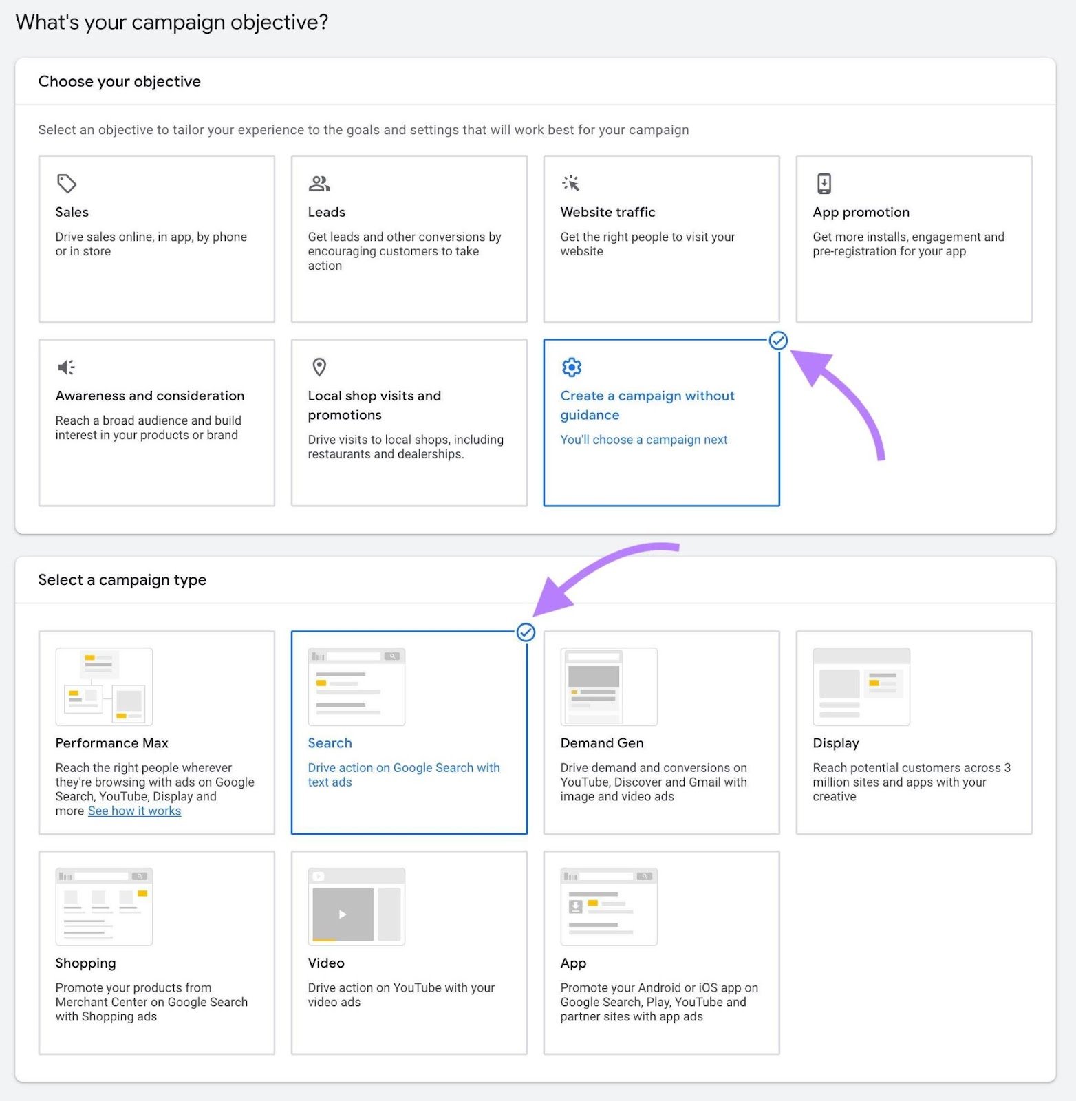 Google Ads setup window with options to select a campaign objective and campaign type.