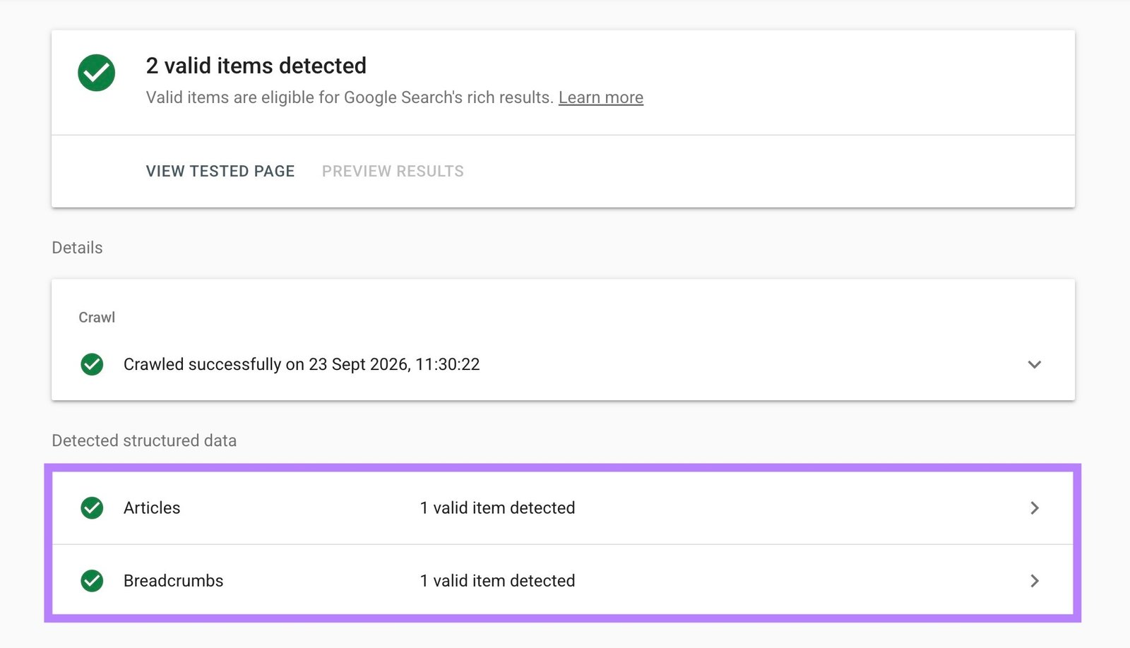 Google’s Rich Results Test showing structured data successfully detected for a URL.
