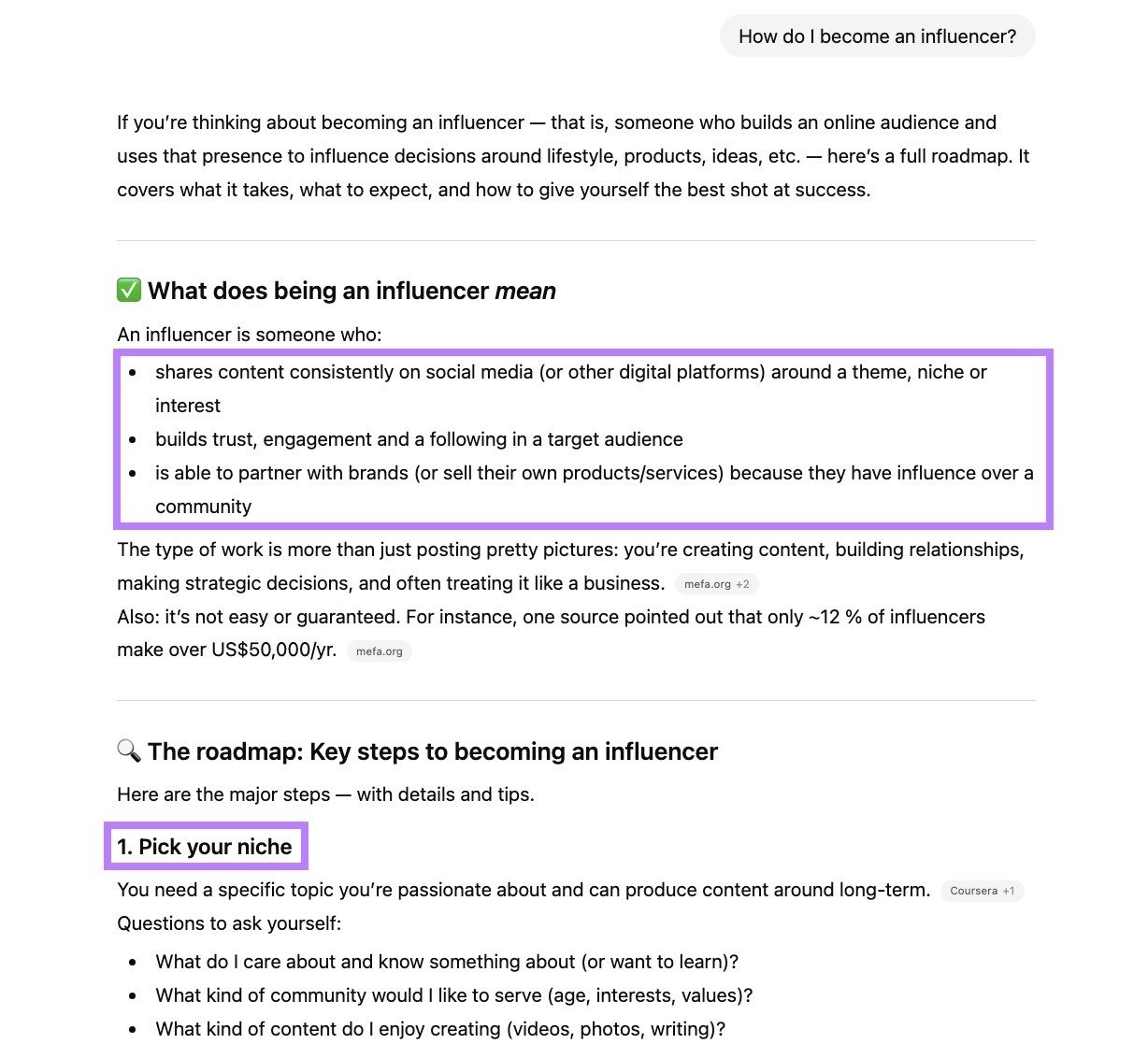 A response on ChatGPT formatted with bullet points and numbered lists.