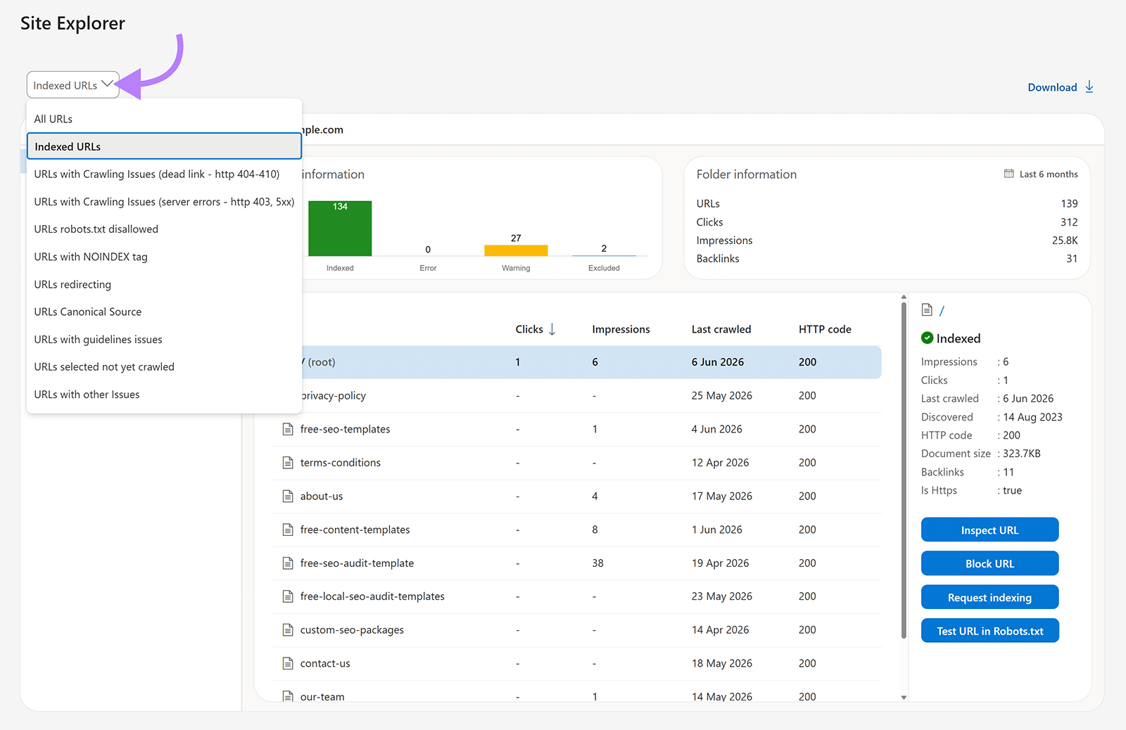 Bing Webmaster Tools Site Explorer with the Indexed URLs filter selected