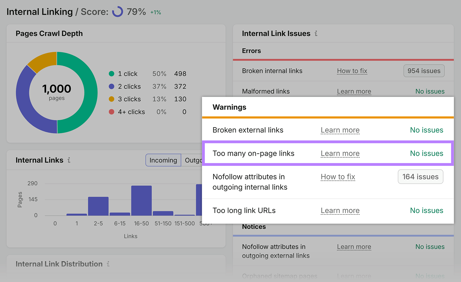 Semrush Site Audit Internal Link Issues report highlighting the “Too many on-page links” warning