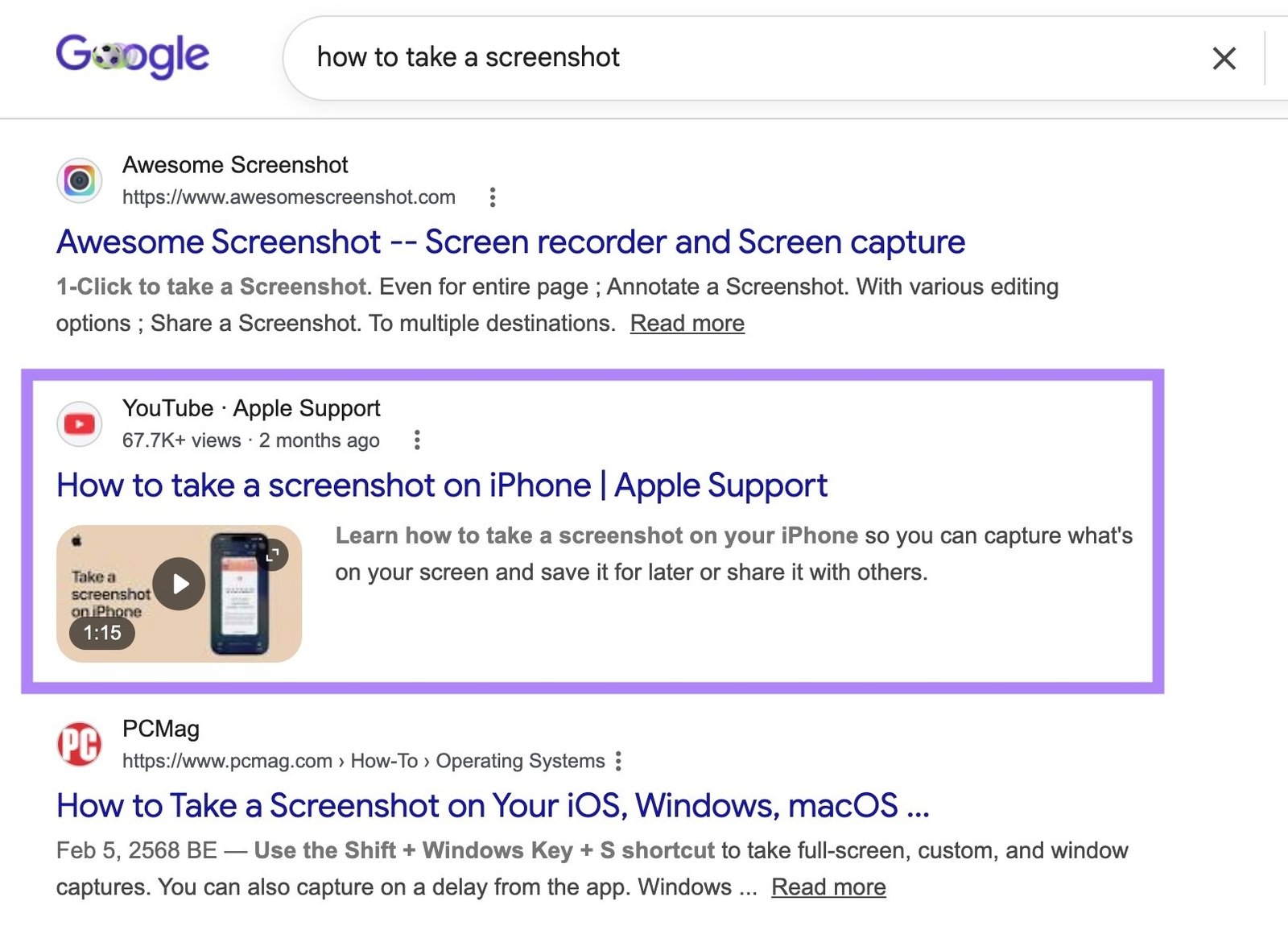 SERP results for "how to take a screenshot" with a rich result featuring a video highlighted.