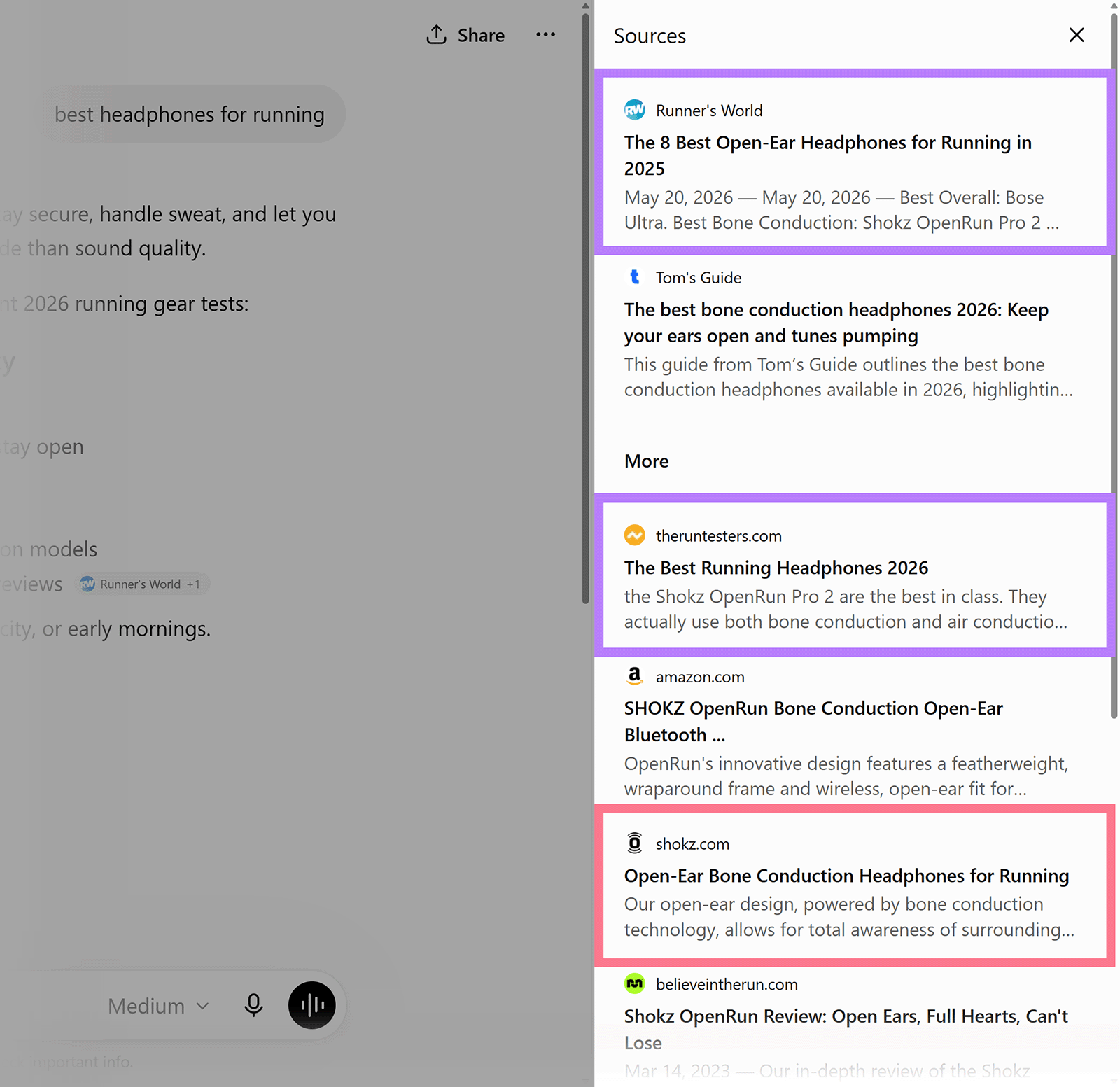 ChatGPT sources panel showing cited running headphone articles and product pages