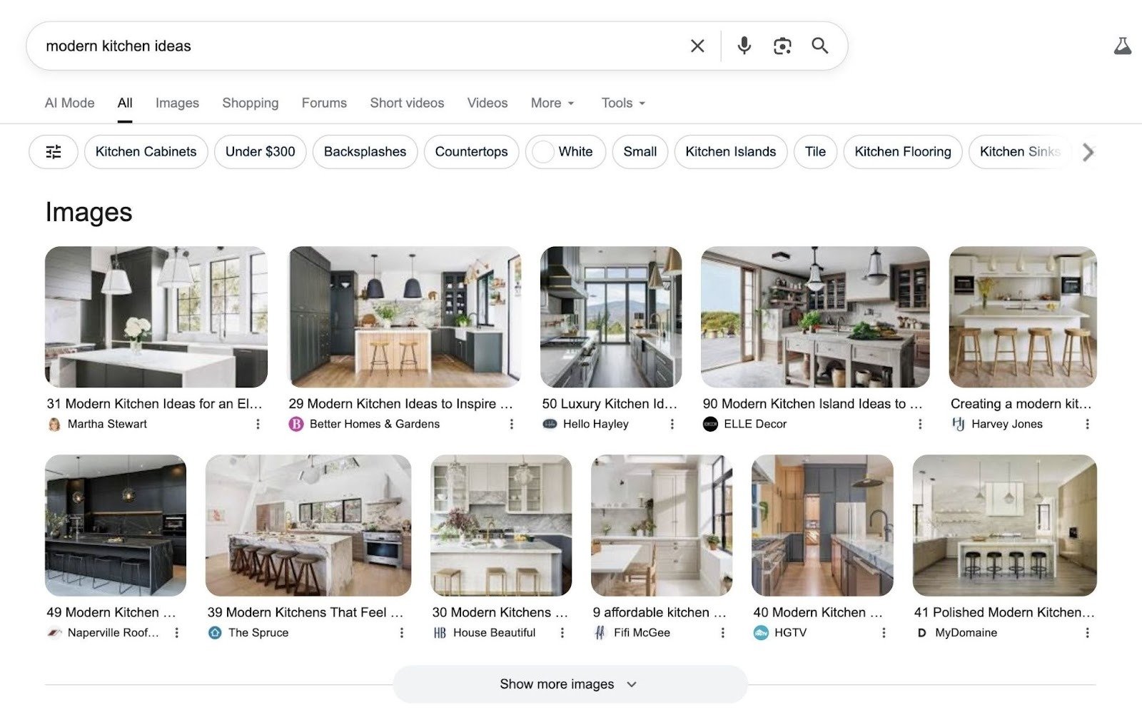 SERP for the term "modern kitchen ideas" showing image results appearing as a horizontal block at the top of the page.