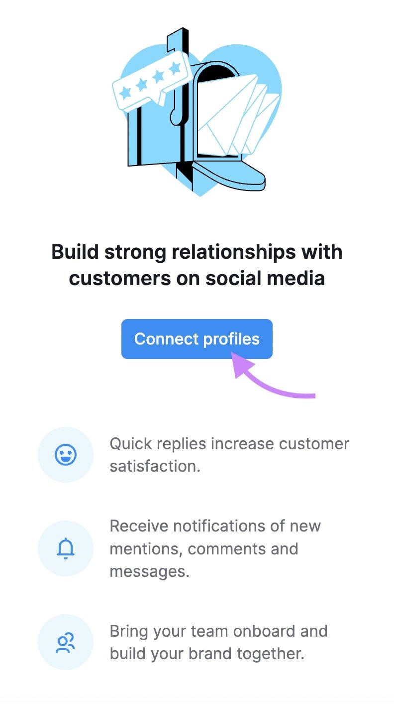 Semrush's 'Social Inbox' home with the 'Connect profiles' button clicked.