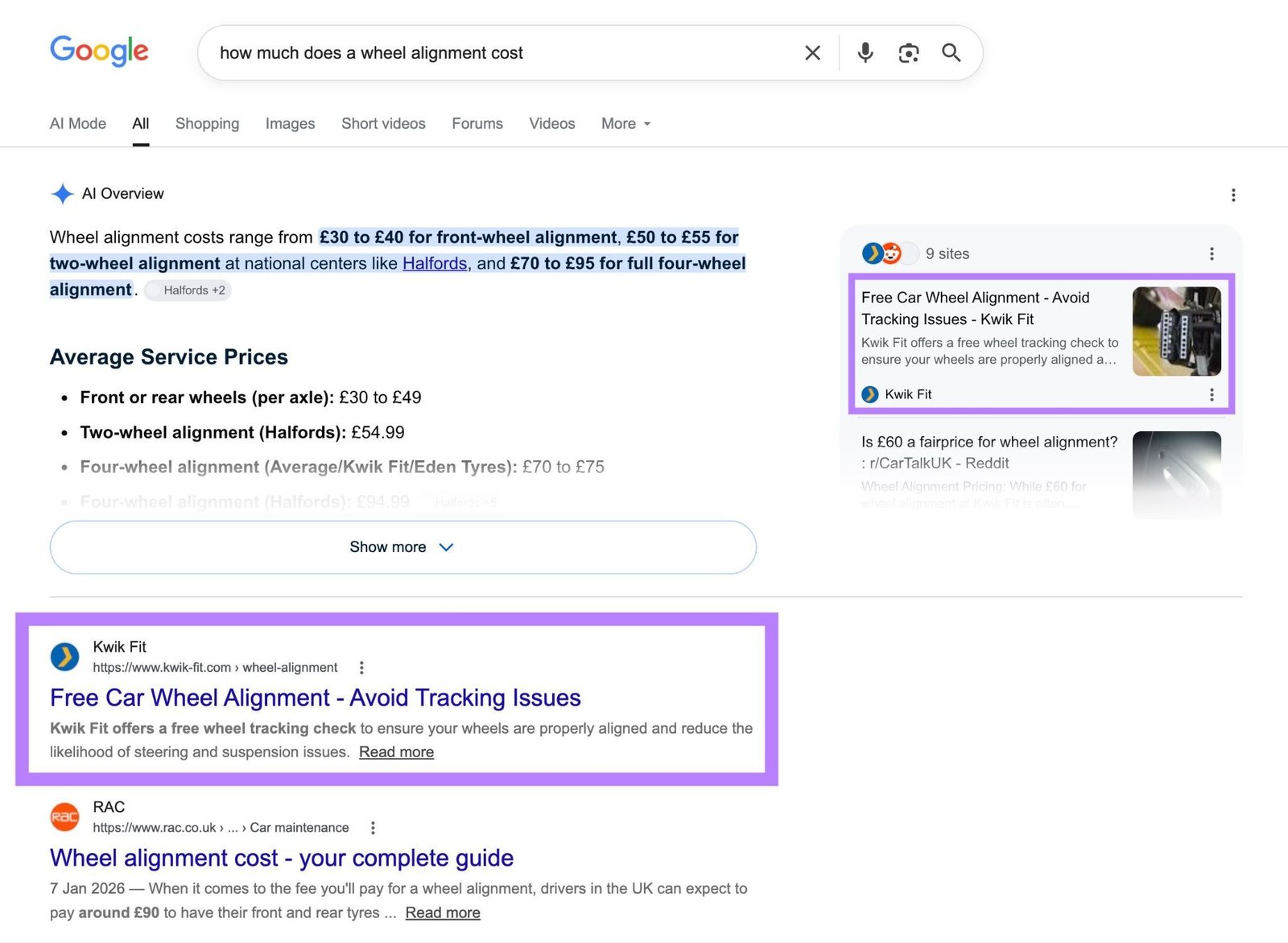 Google SERP showing a site cited in the AI Overview and appear as the top organic result.