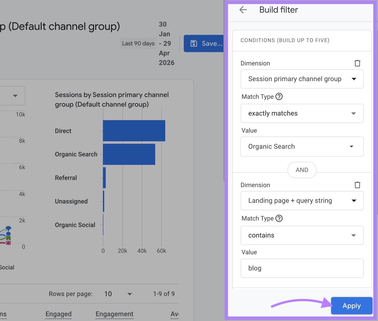 Building a filter on GA4 that isolates organic traffic to only pages being audited.