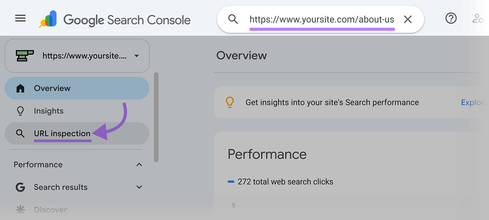 Google Search Console with URL Inspection highlighted and an example page URL entered in the inspection bar