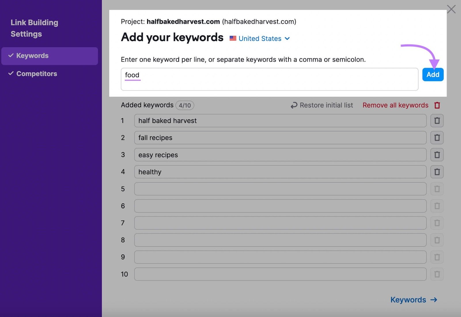 "Add your keywords" box in the Link Building Settings