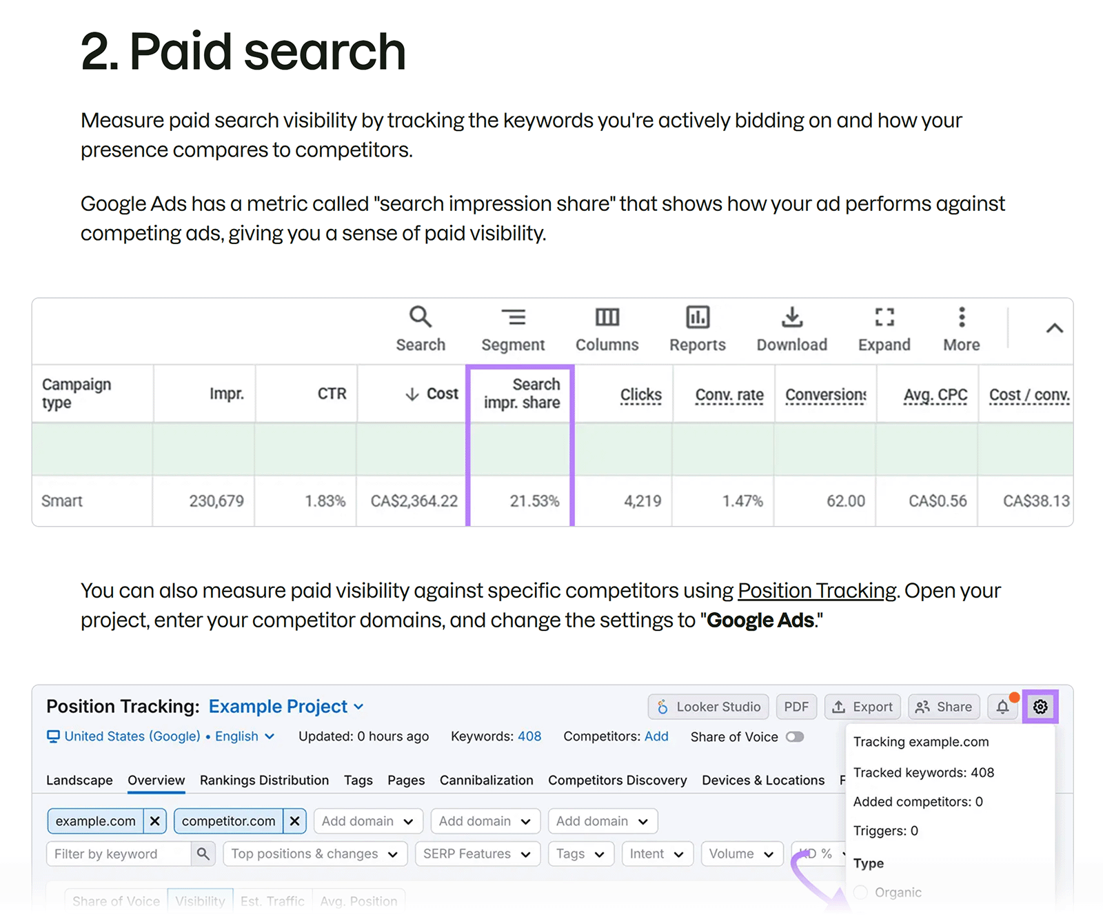 Blog post section with image showing Google Ads report highlighting search impression share metric with surrounding text
