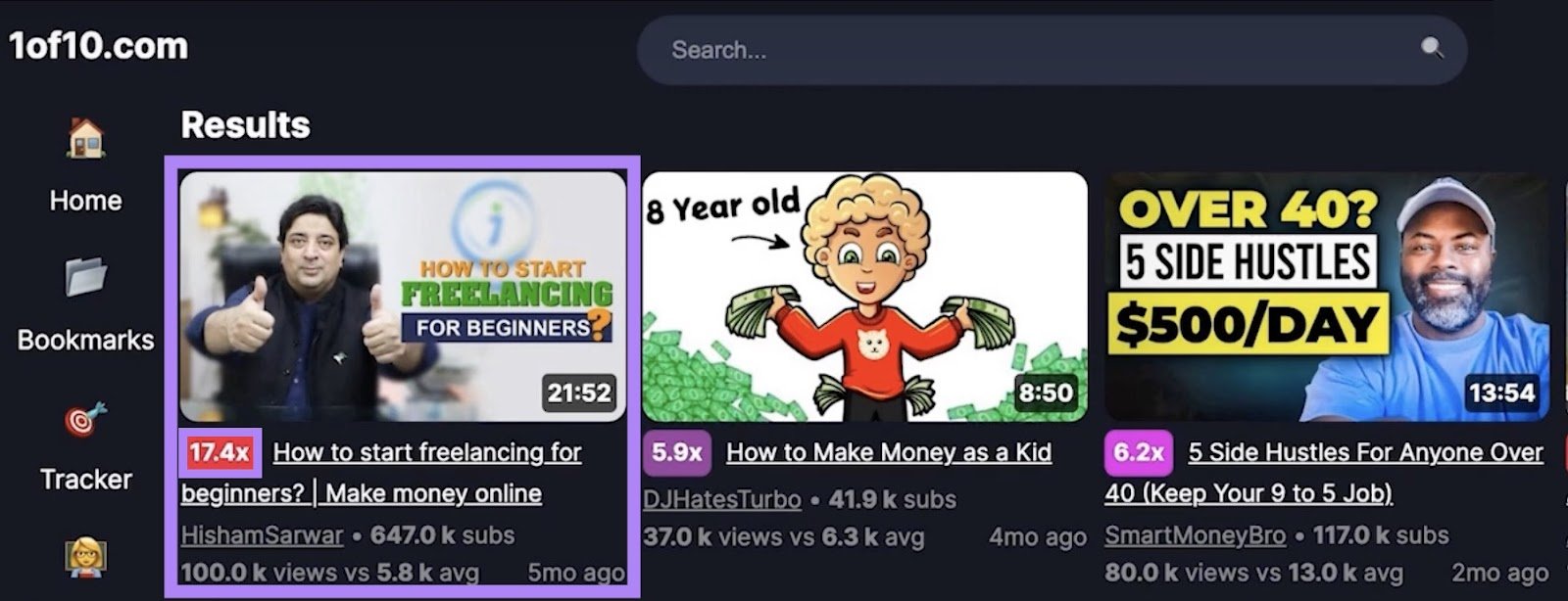 The 1of10 dashboard showing a list of outlier videos with the video having the highest multiplier score highlighted.