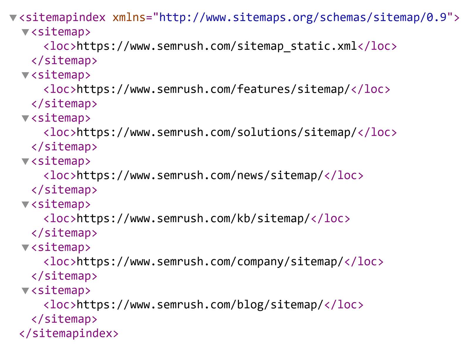 XML sitemap index file listing multiple Semrush sitemap URLs for site sections and content categories